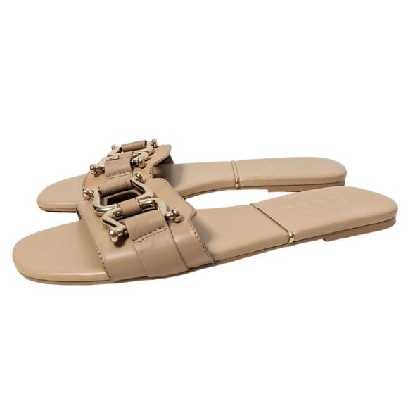 ZARA Leather Gold Saddle Hardware Flat Sandals 38 - Picture 3 of 5